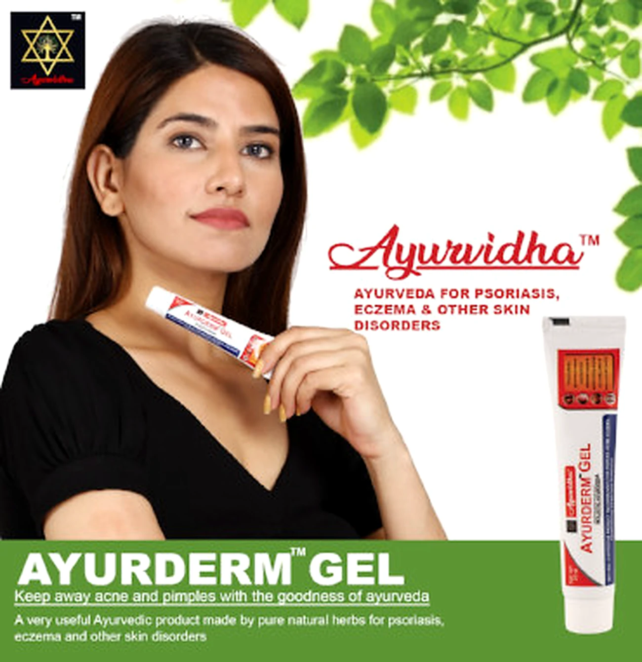 Woman holding Ayurderm Gel ayurvedic cream for pimples, acne and skin care