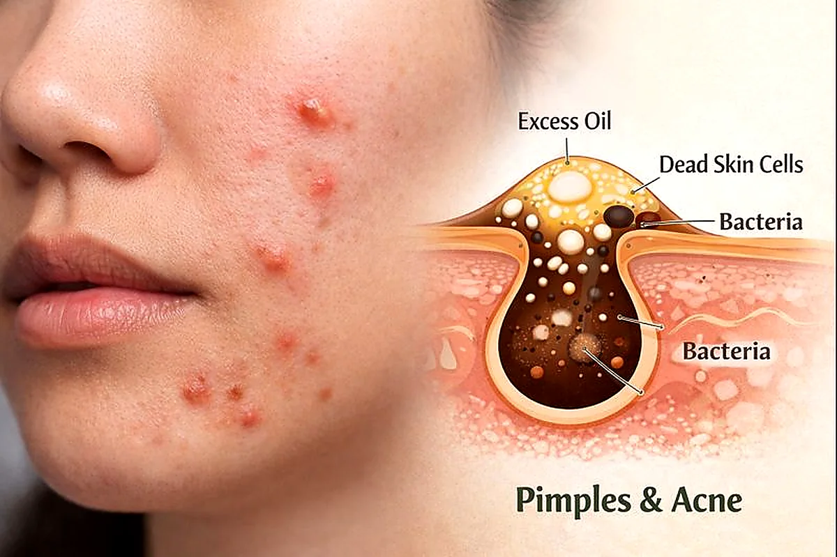 Diagram showing how pimples and acne form due to excess oil, dead skin cells and bacteria