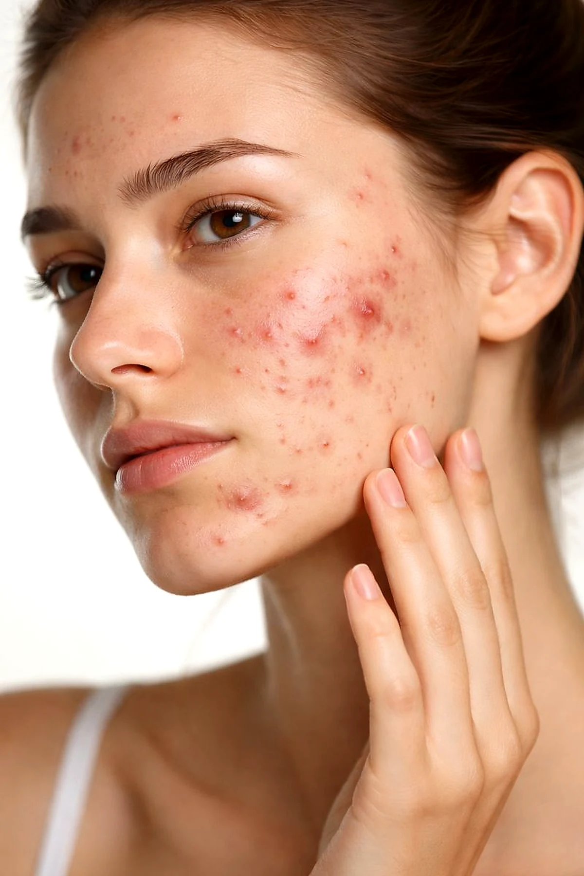 Pimples and acne on face showing redness, inflammation and acne marks